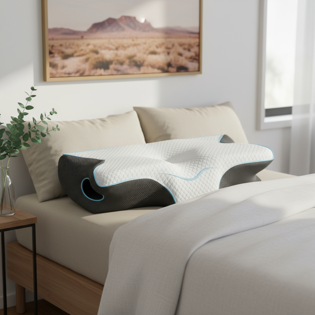 Contour pillow on a bed in a bedroom setting with a desert landscape painting on the wall.