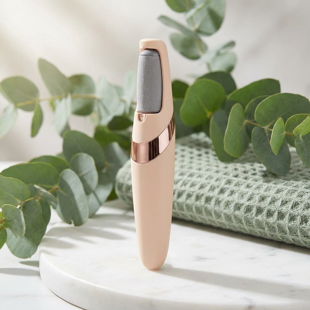 Beauty tool on a white surface with green leaves in the background