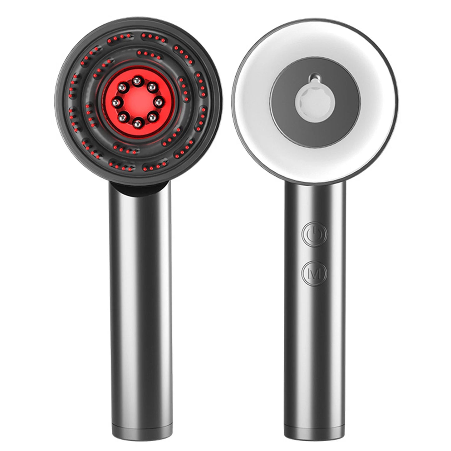 Two handheld shower heads, one with a red interior and one with a white interior, on a white background.