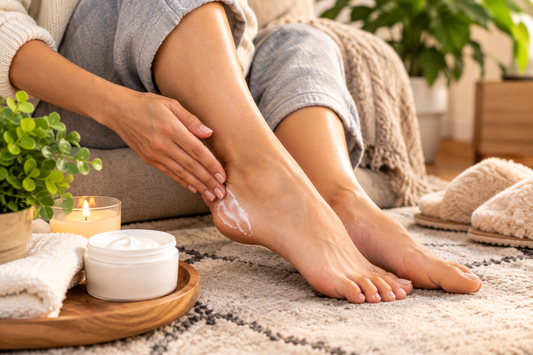 applying moisturiser to feet during at-home foot care routine