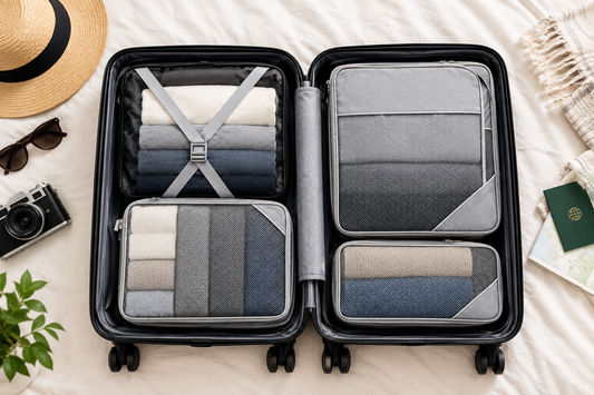 carry-on suitcase packed neatly with compression packing cubes