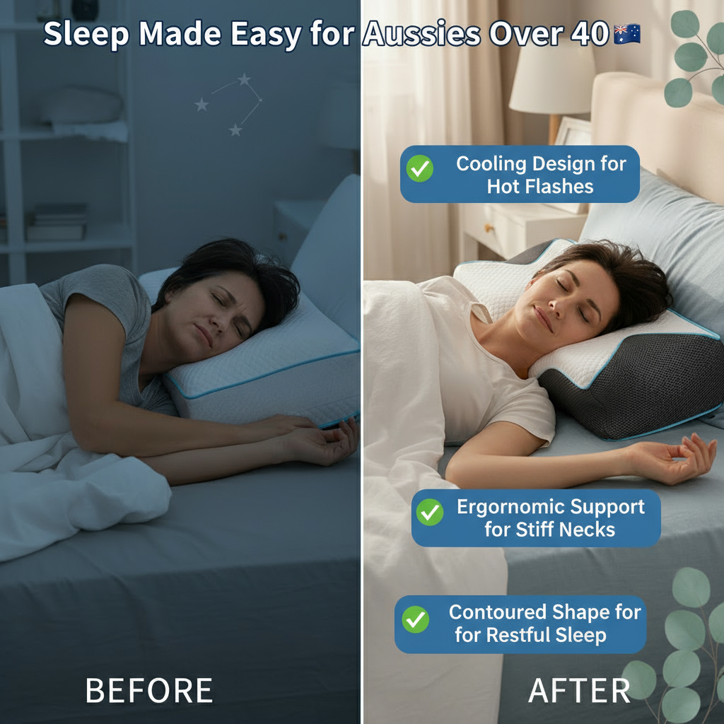 Before and after comparison of a woman using a cooling pillow for sleep.