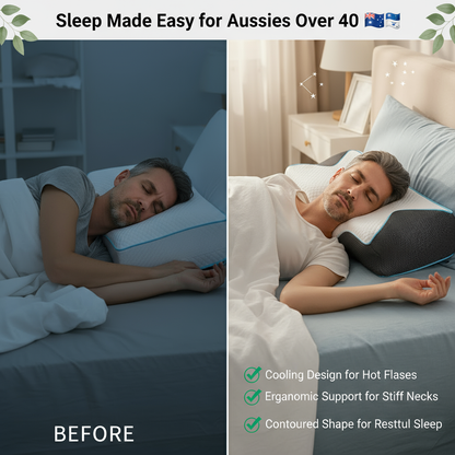 Before and after comparison of a man sleeping with a cooling pillow, highlighting features like cooling design, ergonomic support, and contoured shape.