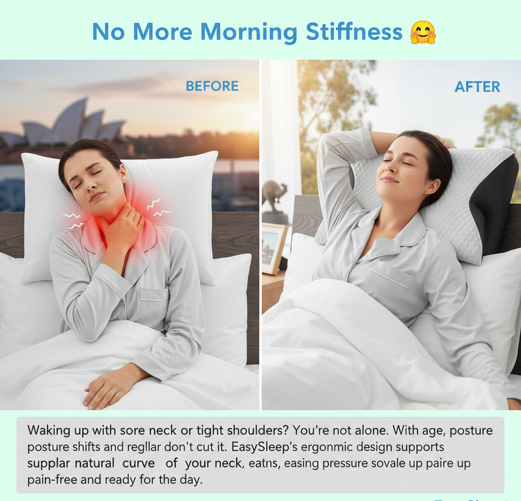 Before and after comparison of a woman with sore neck using EasySleep product.