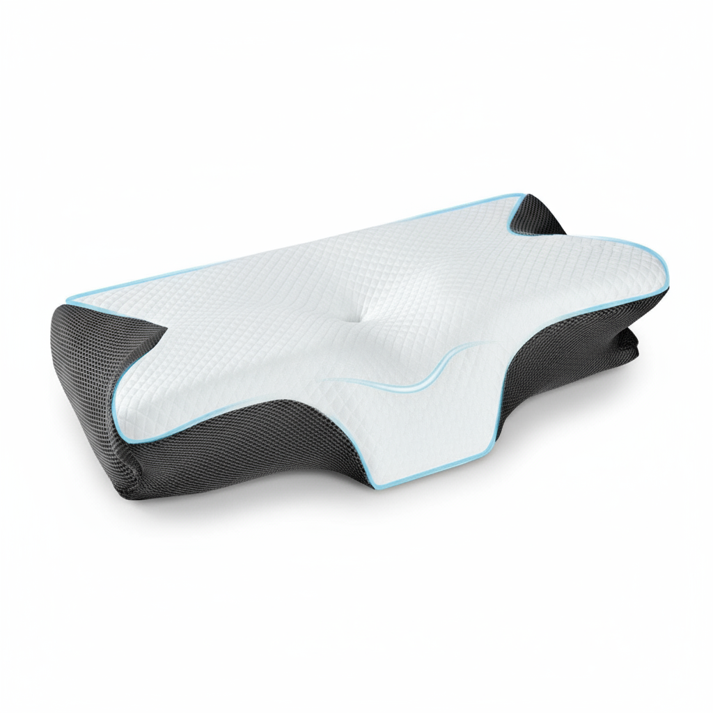 Ergonomic pillow with black and blue design on a white background