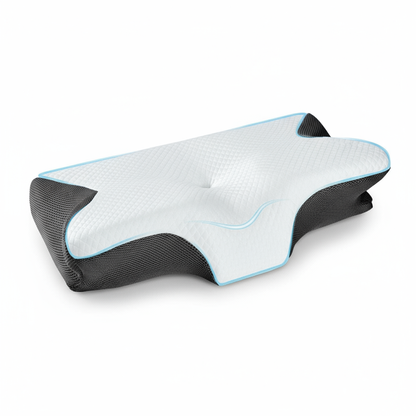 Ergonomic pillow with black and blue design on a white background