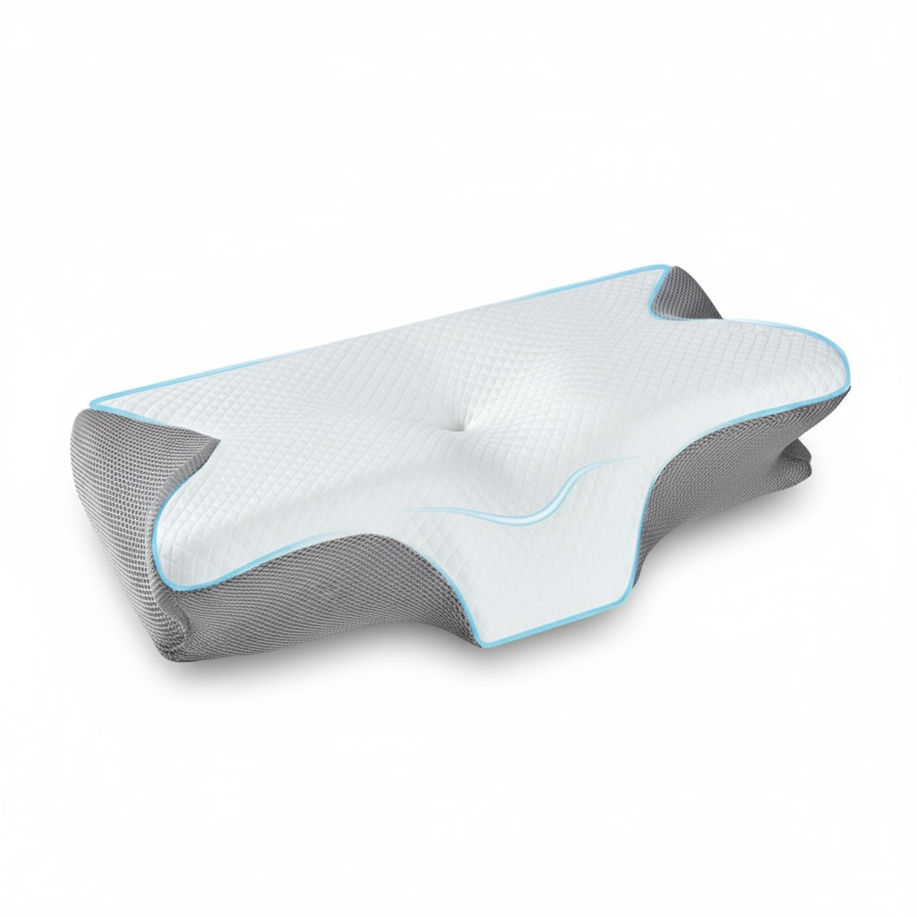 Cushion with gray and white design on a white background