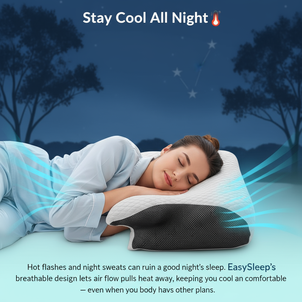 Woman sleeping on a cooling pillow with a serene night sky background