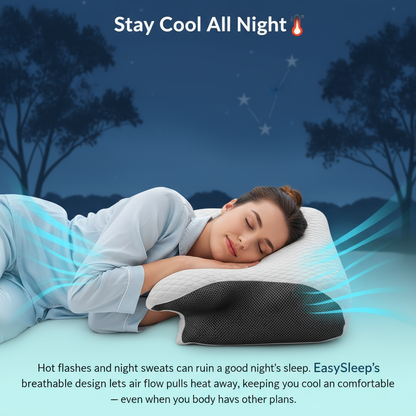 Woman sleeping on a cooling pillow with a serene night sky background