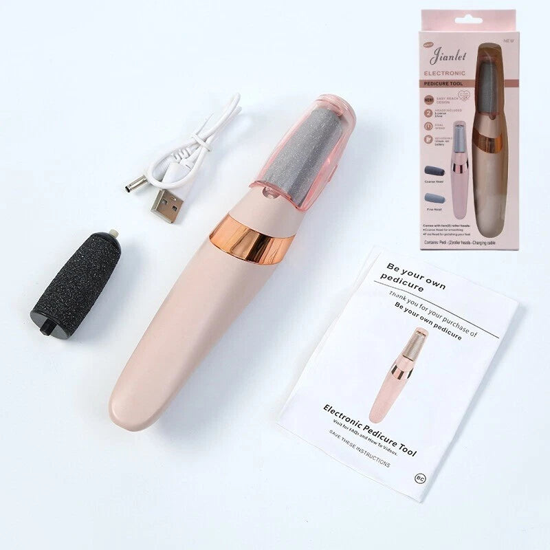 Electronic pedicure tool with packaging and accessories on a white background