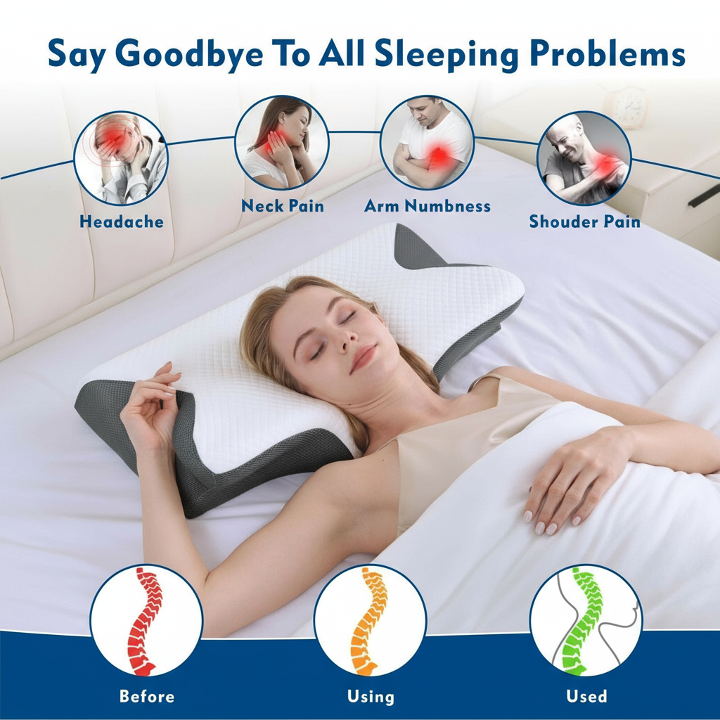 Woman using a neck pillow , including headache, neck pain, arm numbness, and shoulder pain.