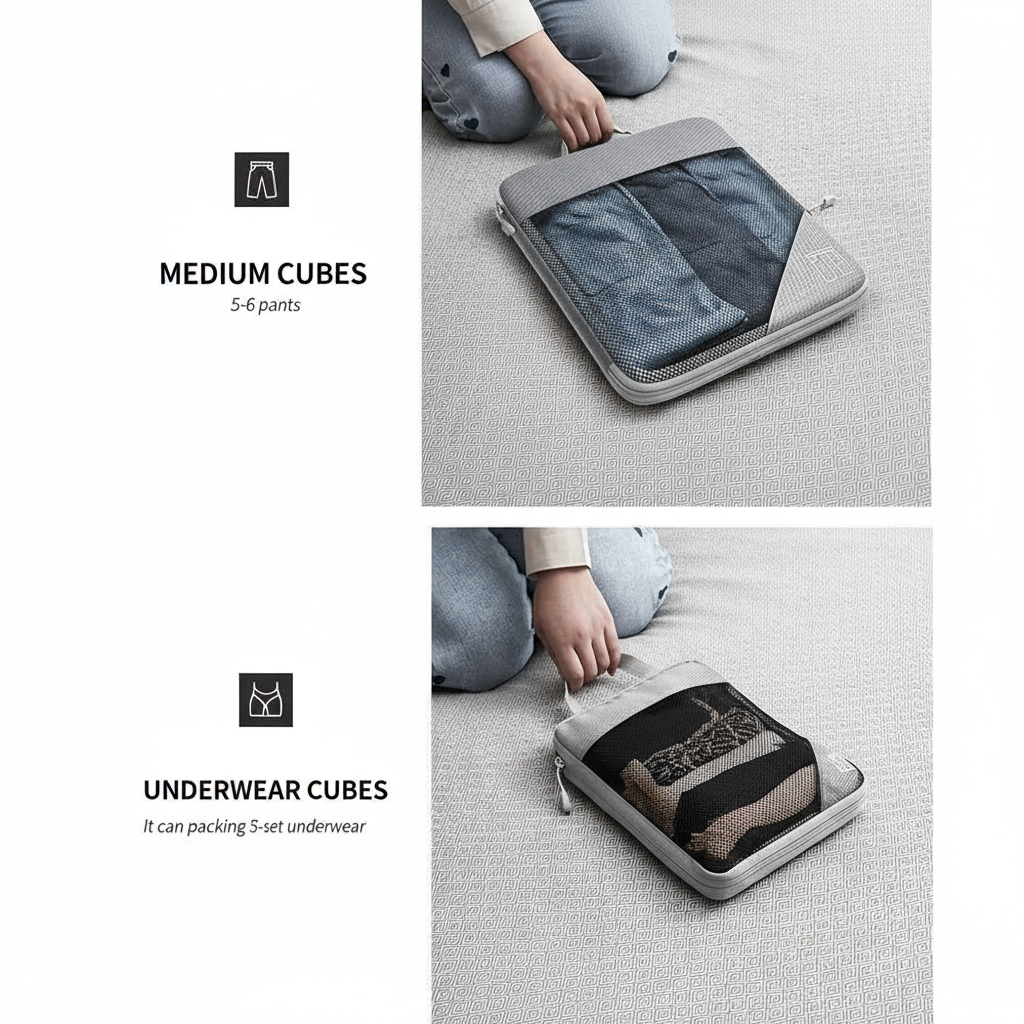Gray packing cubes with denim jeans and underwear being used for packing on a light gray background.