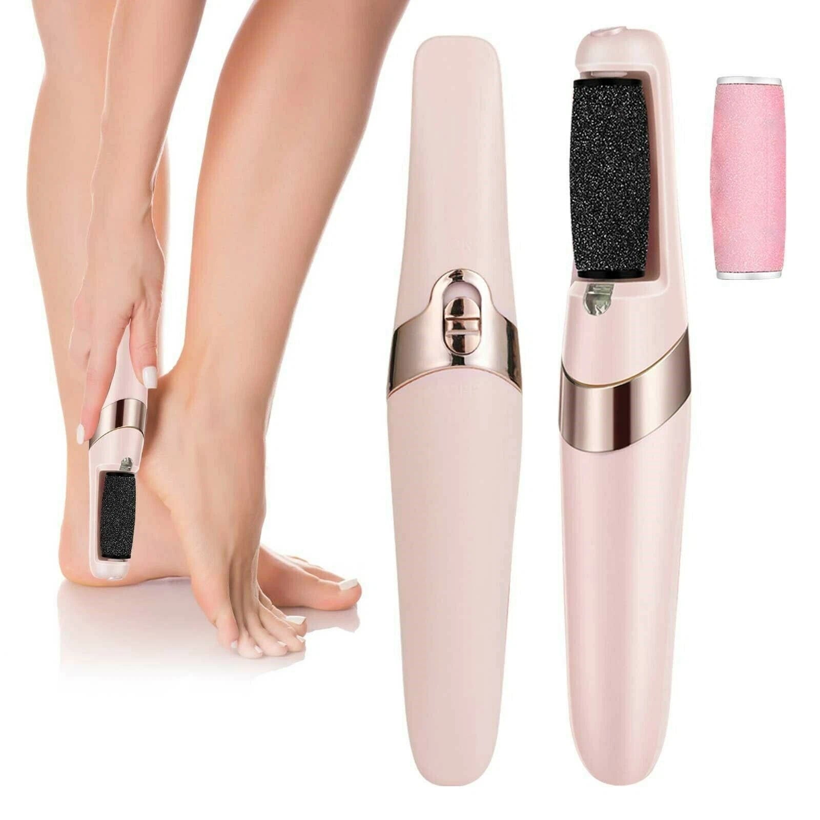 Pink foot file with black sanding block on a white background