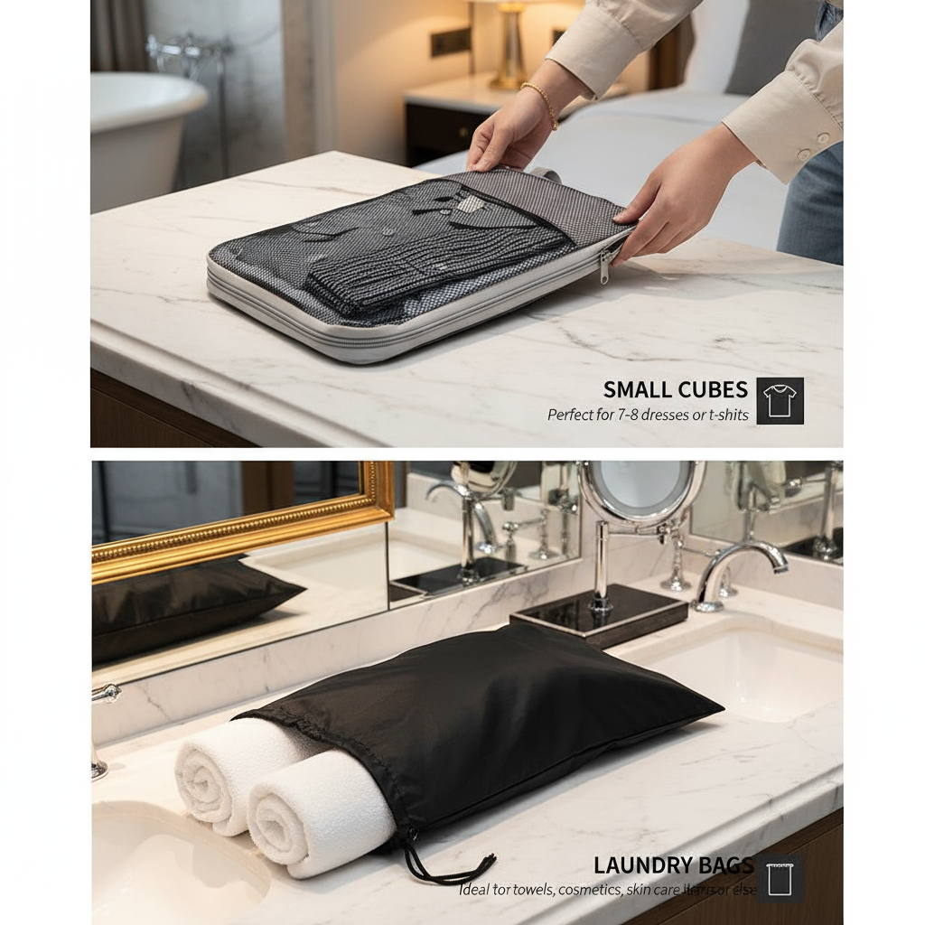 Person using a travel organizer with small cubes and laundry bags on a bathroom counter.
