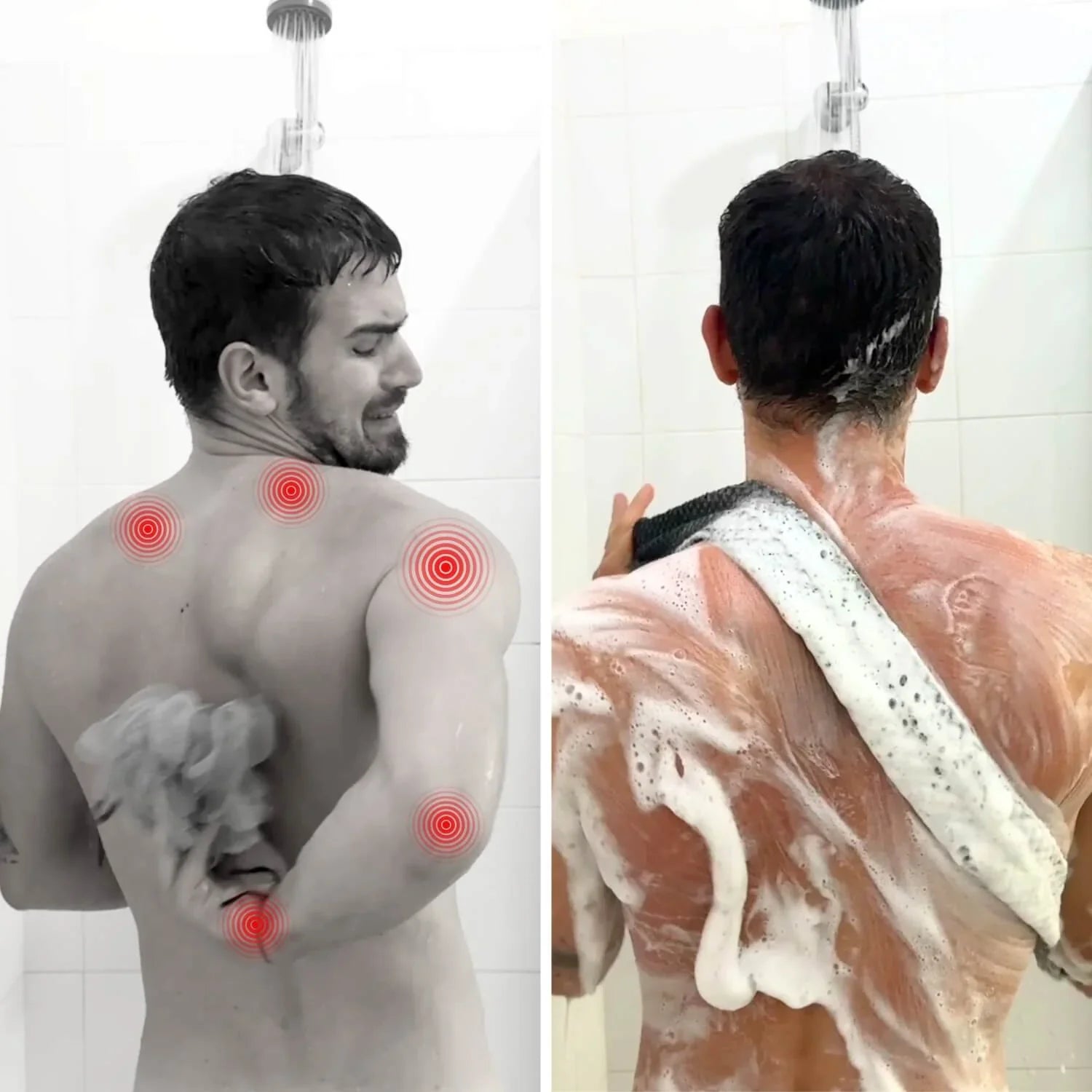 Man showering with a focus on his back and shoulders, showing areas of discomfort.