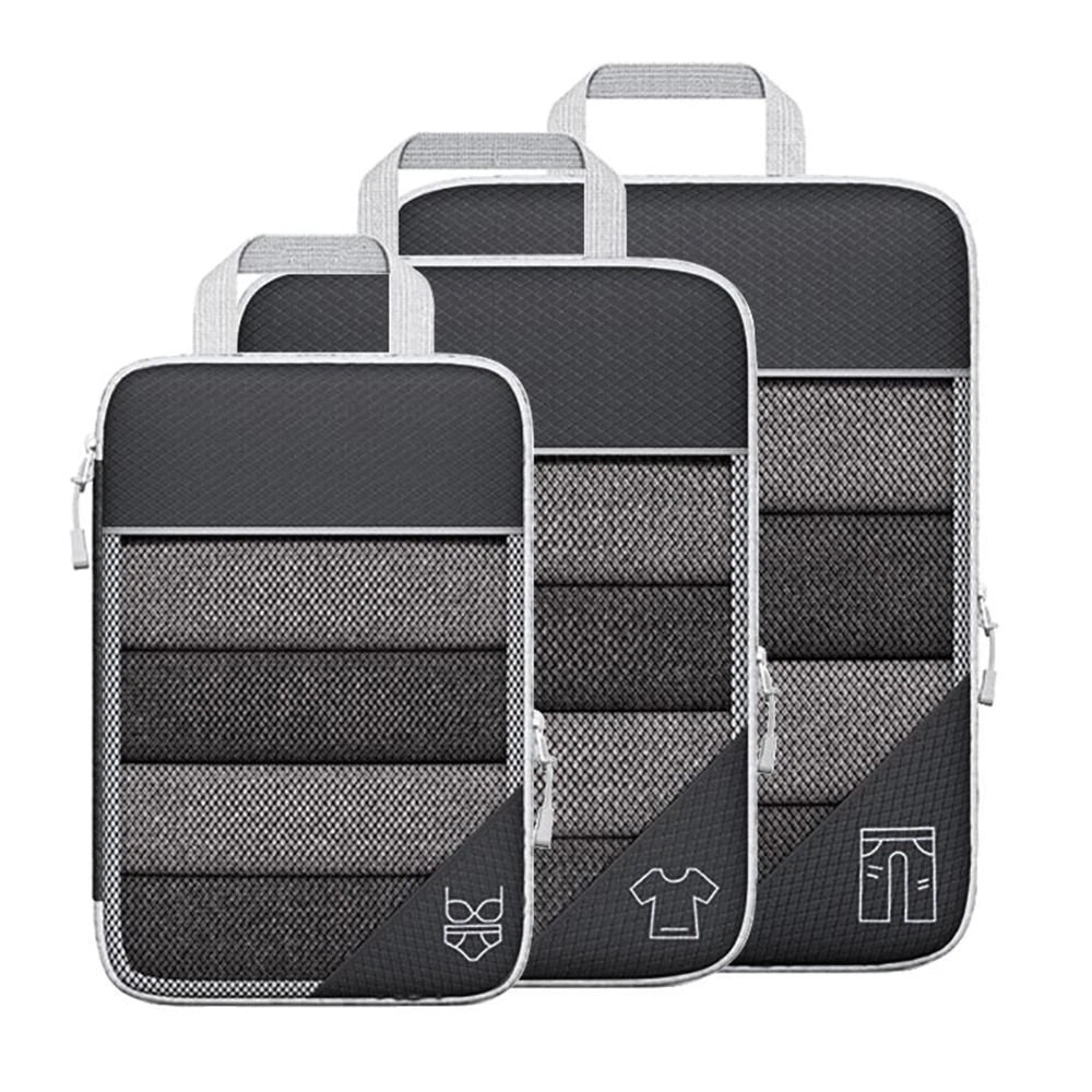 Set of gray packing cubes with labels on a white background