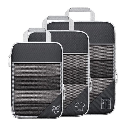 Set of gray packing cubes with labels on a white background