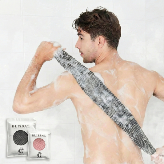 Man using a shower brush with soap suds on a white background, with Blissal products displayed.