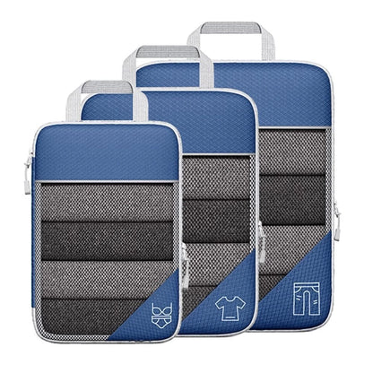 Set of blue and gray packing cubes with icons on a white background
