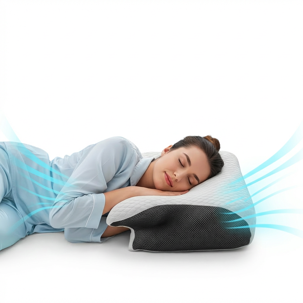 Woman lying on a white surface with a neck pillow, surrounded by blue lines indicating comfort.