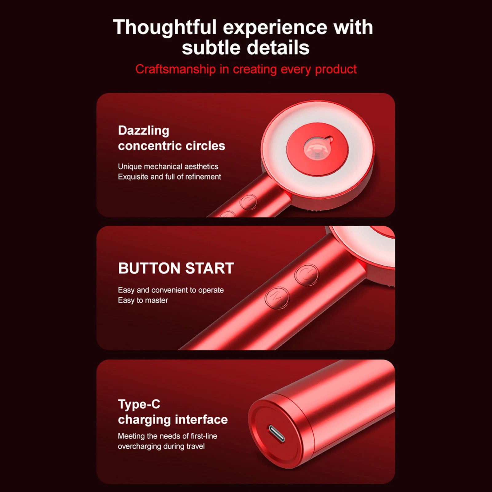 Red electronic device with concentric circles design, button start feature, and Type-C charging interface on a dark background.
