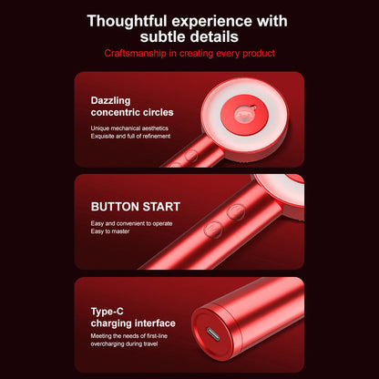 Red electronic device with concentric circles design, button start feature, and Type-C charging interface on a dark background.