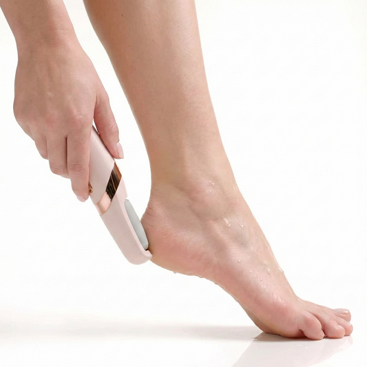 Person using a hair removal device on their leg with a white background