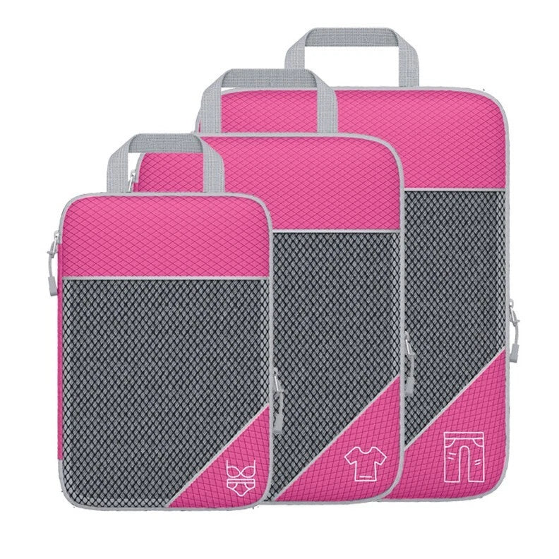 Set of three pink and gray packing cubes with icons on a white background