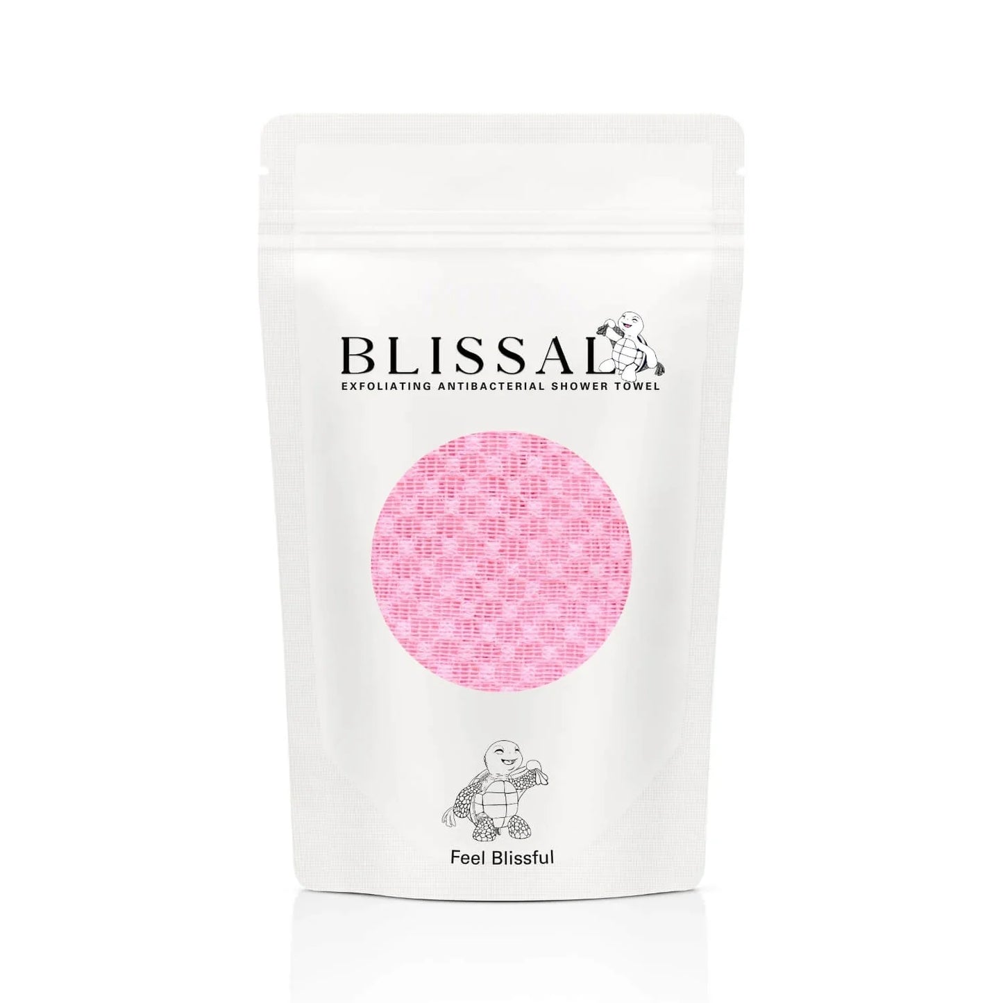 Blissal exfoliating antibacterial shower towel packaging with pink circular design on a white background
