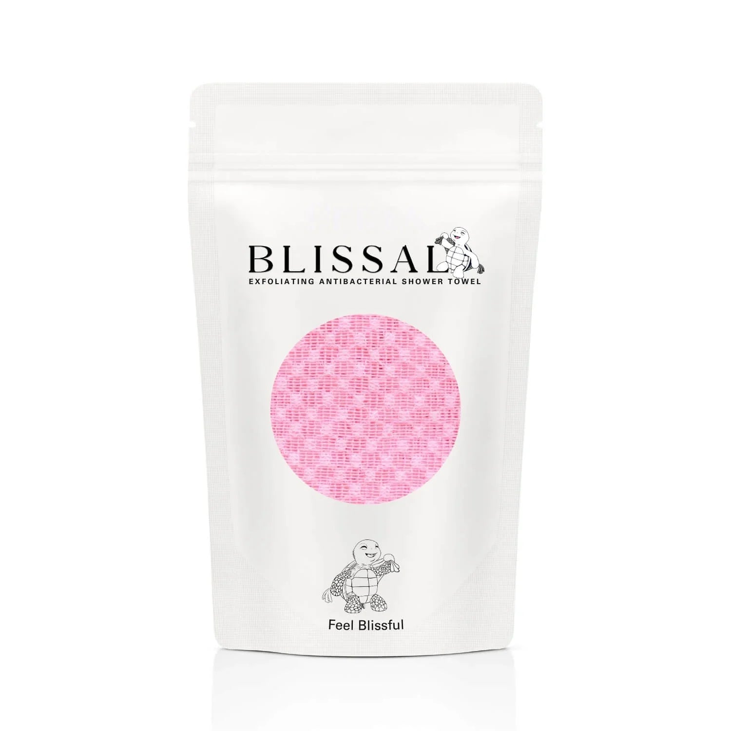 Blissal exfoliating antibacterial shower towel packaging with pink circular design on a white background