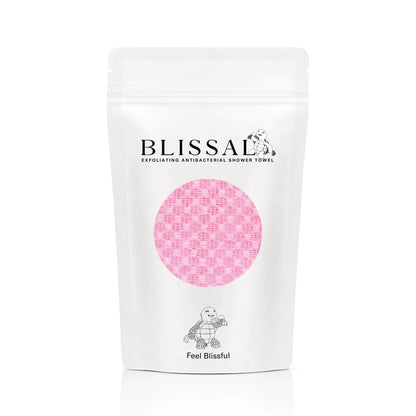 Blissal exfoliating antibacterial shower towel packaging with pink circular design on a white background