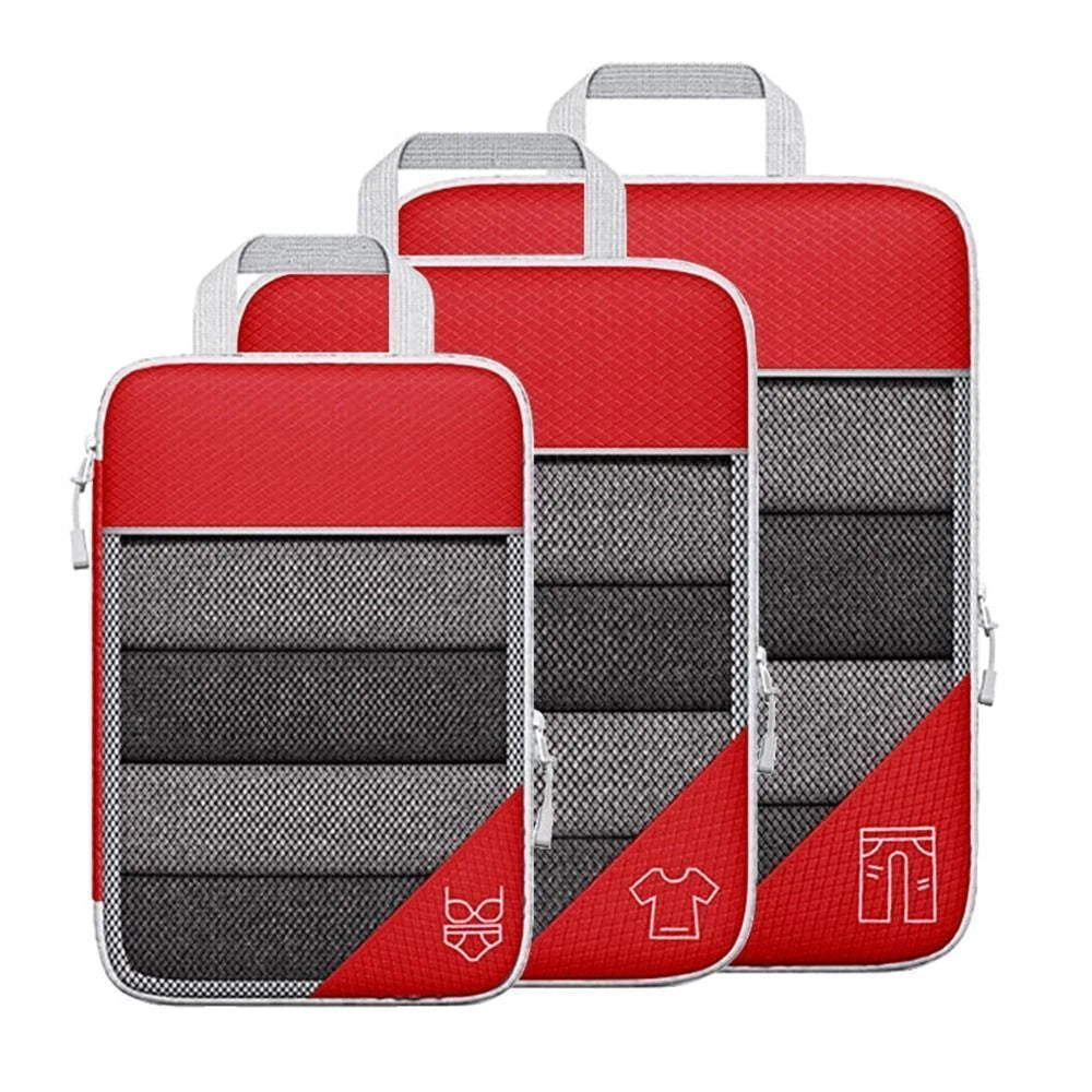 Set of red and gray packing cubes with labels on a white background