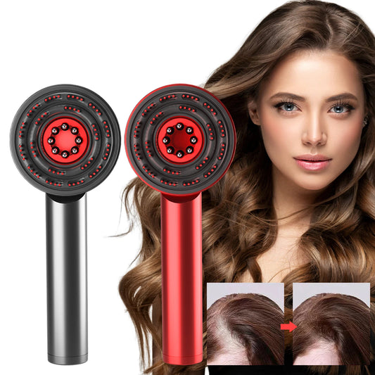 Hair styling tool with red and black design, next to a woman with styled hair.