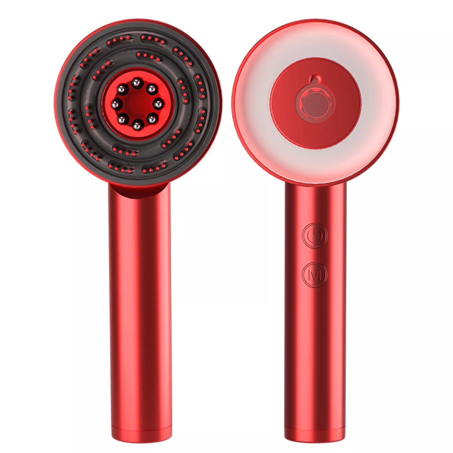 Red handheld hair dryer with black nozzle on a white background