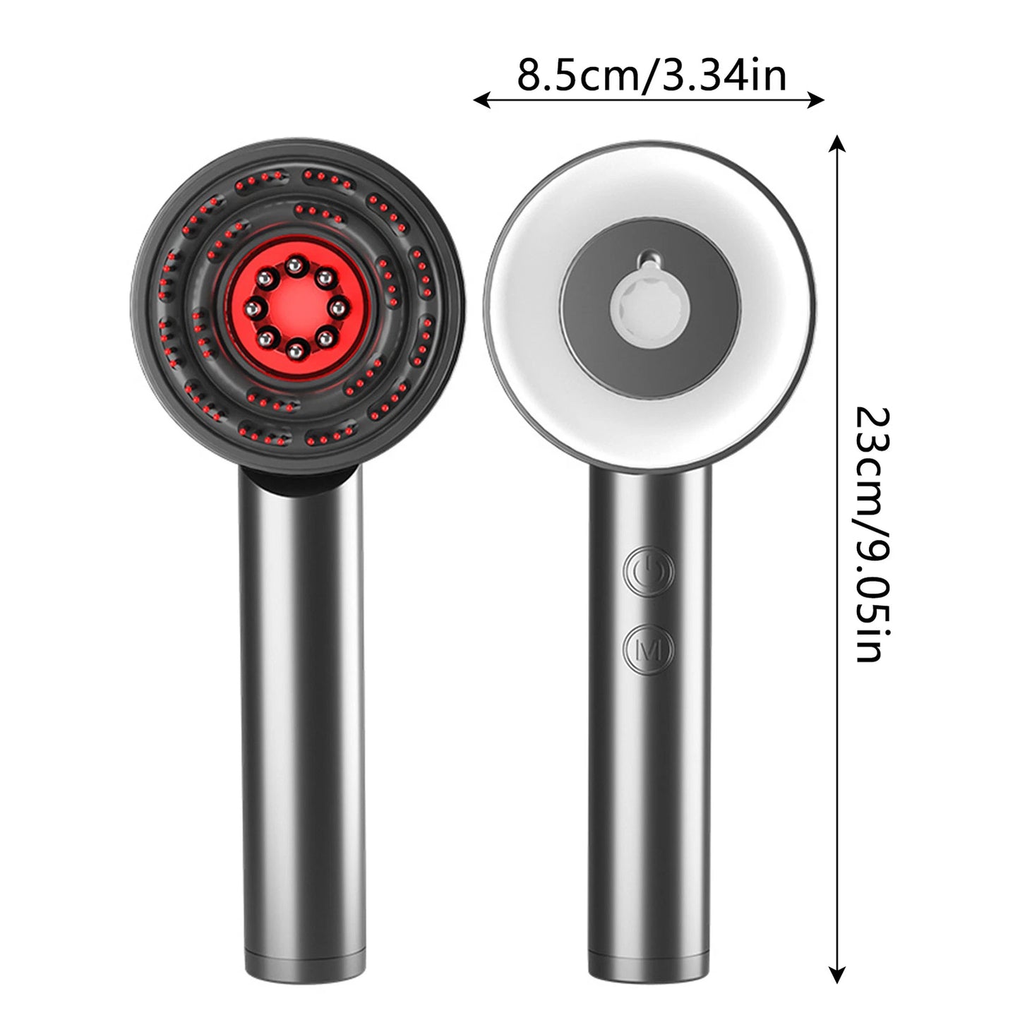 Two handheld shower heads with measurements on a white background